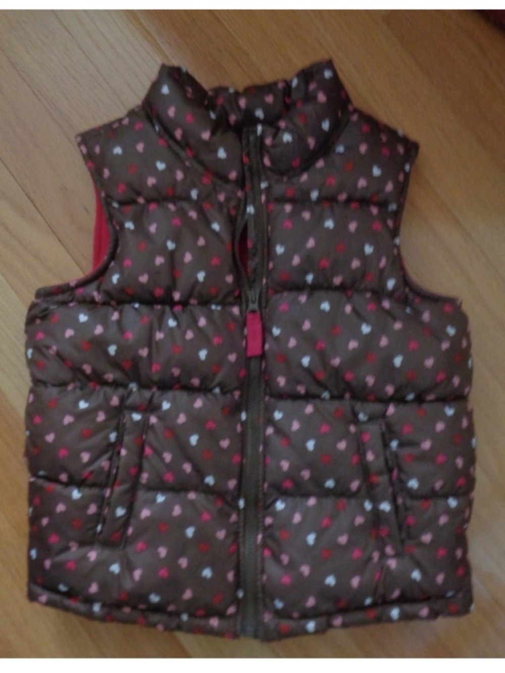 Old Navy Girl Heart Winter Puffer Vest Size 5T Brown Pink White